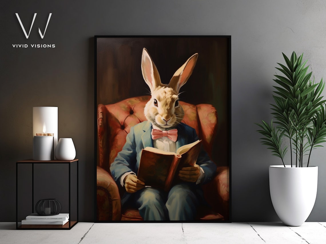 Dapper Rabbit in a Suit Reading a Book Vintage Gentleman Poster