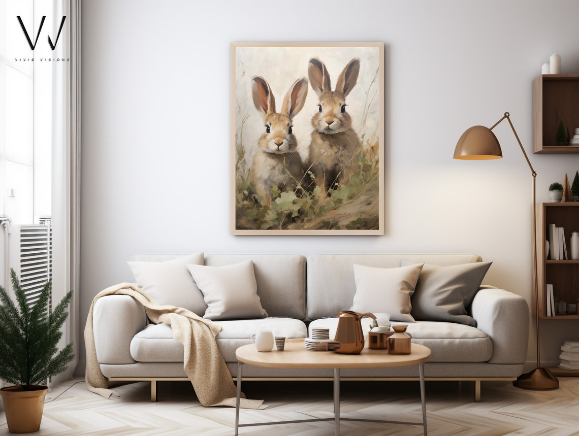 Two Brown Rabbits Grass Meadow Duo Spring Vintage Animal Poster - Image 3
