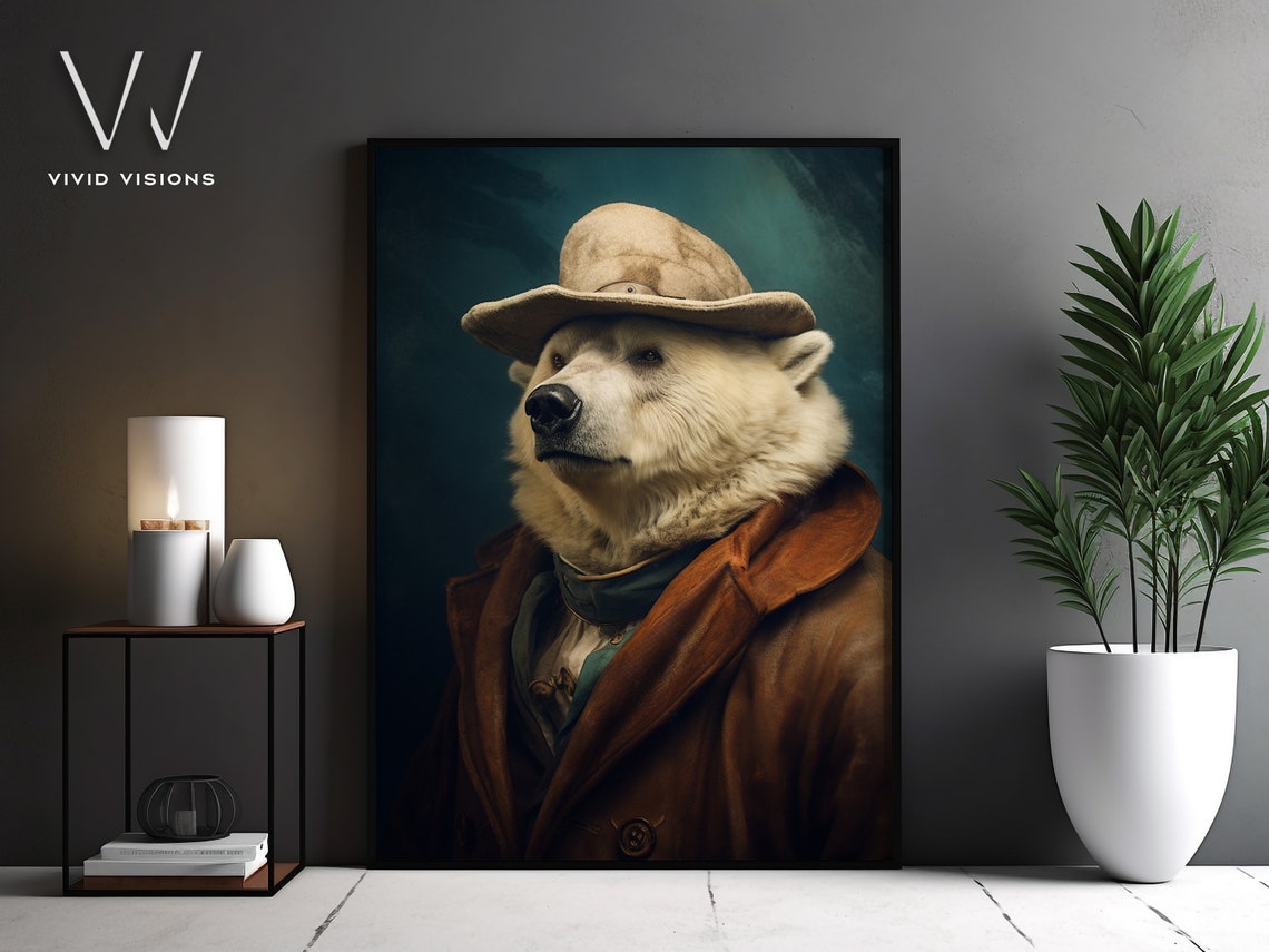 Polar Bear in a Wide Brim Hat and Brown Coat with Blue Cravat Poster