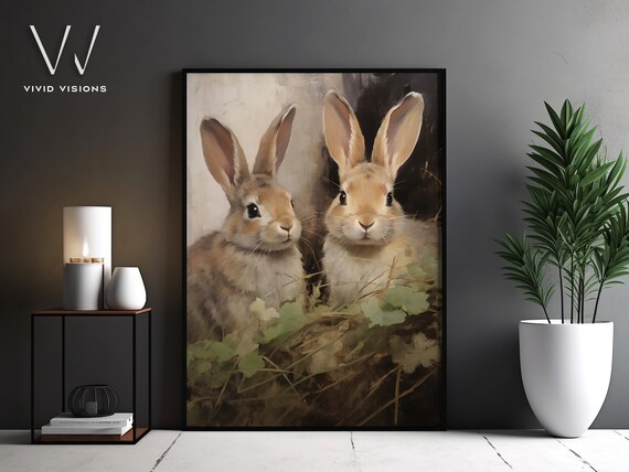 Brown Bunny Pair in the Meadow Vintage Easter Rabbit Wall Poster