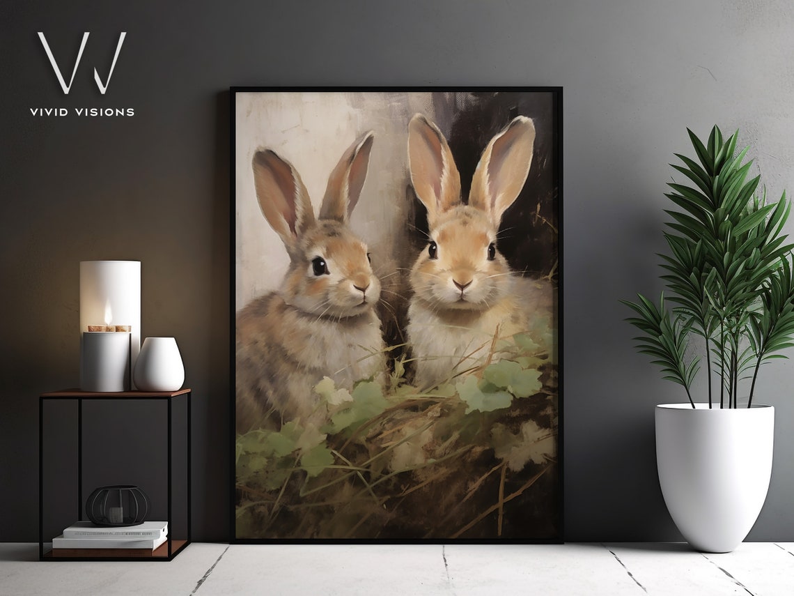 Brown Bunny Pair in the Meadow Vintage Easter Rabbit Wall Poster