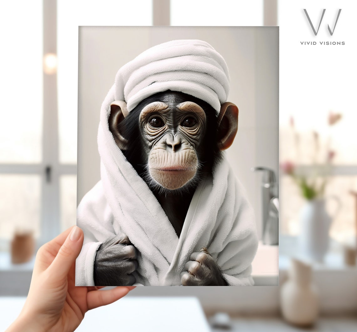 Chimpanzee in a White Bathrobe with a Spa Towel Wrap on Head Poster - Image 4