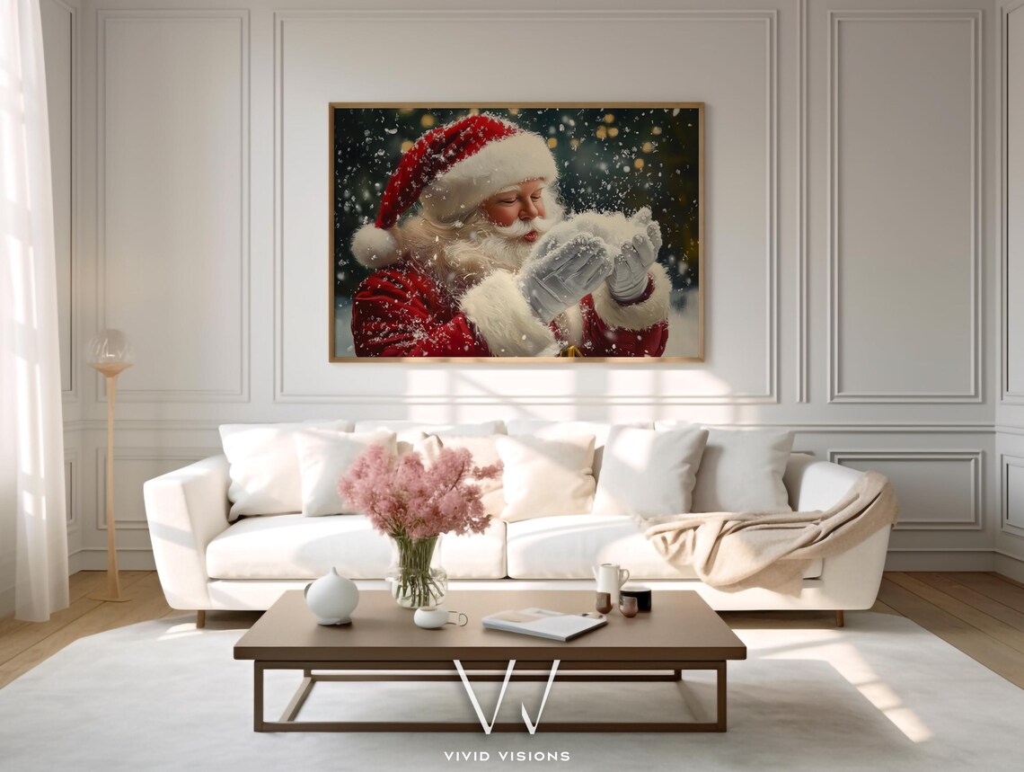 Santa Claus Blowing Snow Sparkling Christmas Night Scene Poster - Image 3