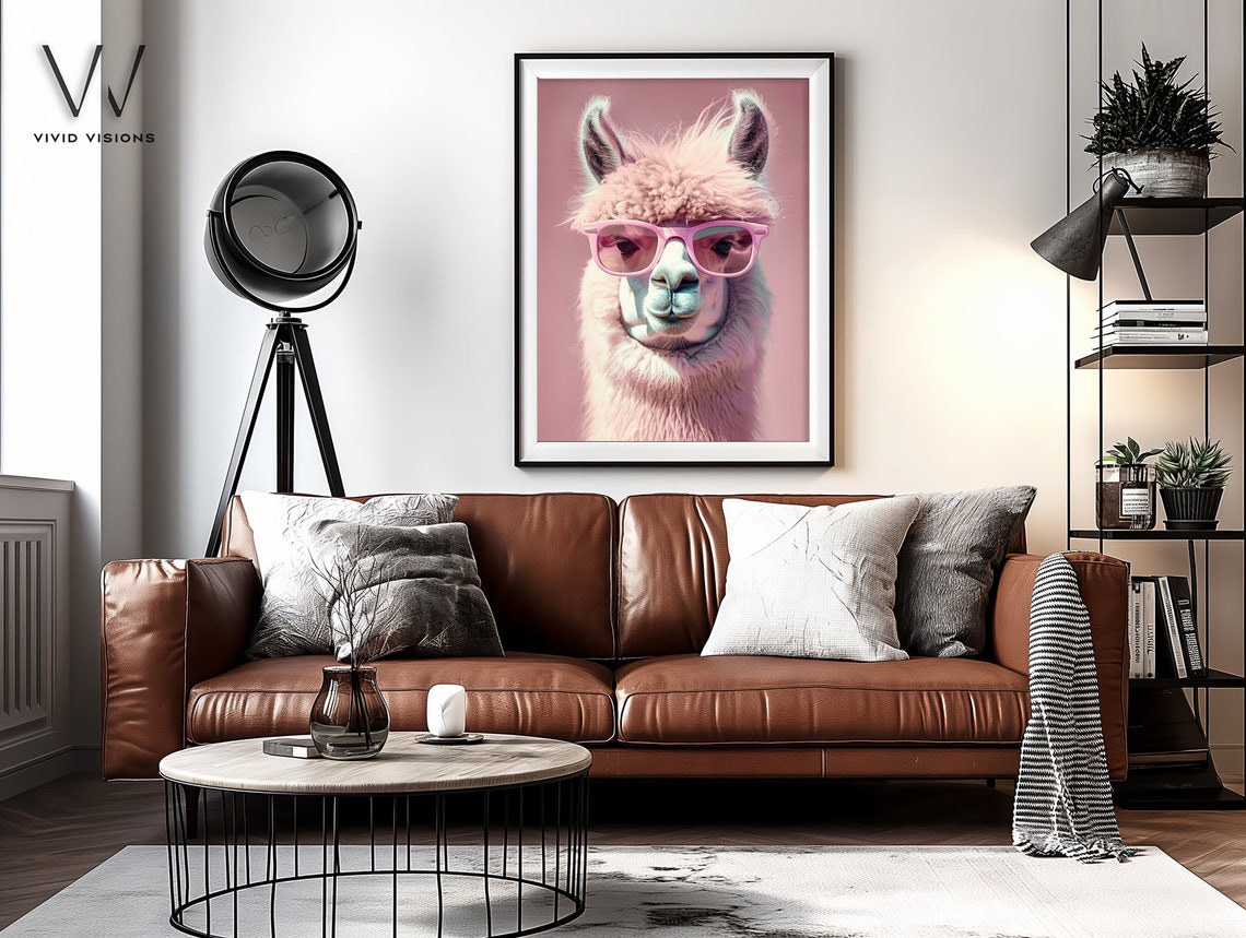 Llama with Pink Sunglasses Cute Pastel Fluffy Animal Portrait Poster - Image 3