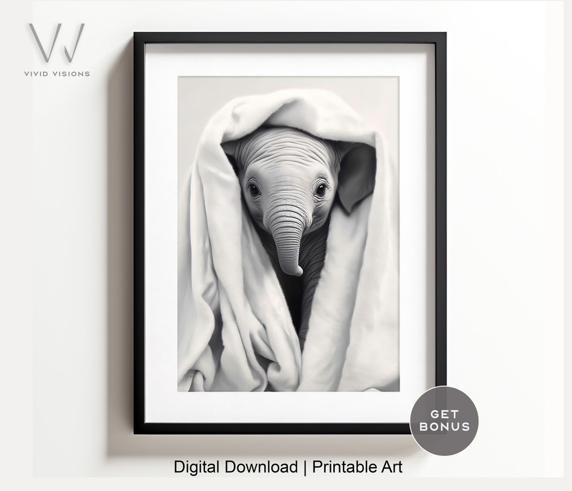 Baby Elephant in a White Towel Cute Black and White Nursery Poster