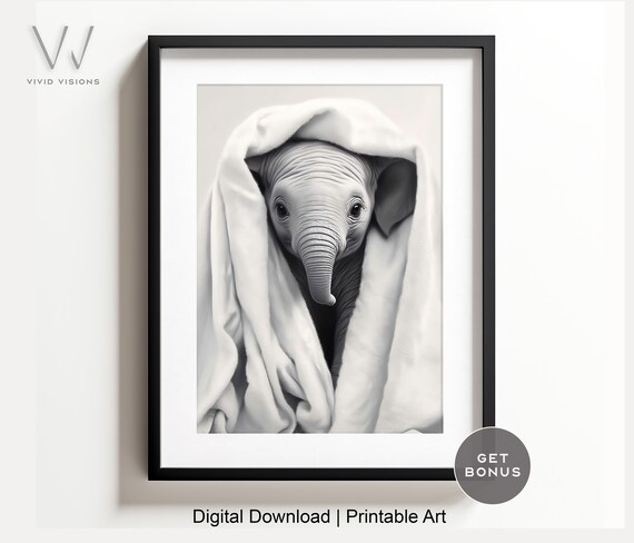 Baby Elephant in a White Towel Cute Black and White Nursery Poster