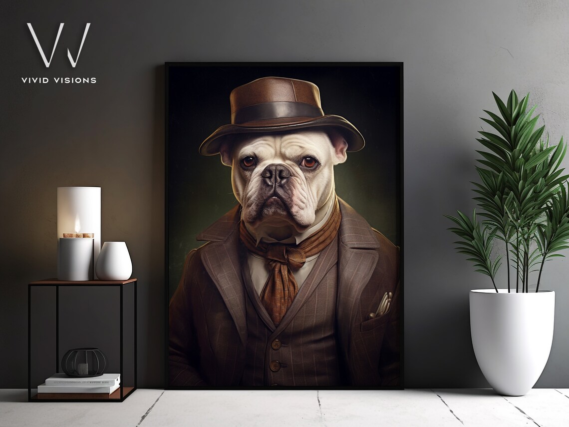 White English Bulldog Fedora Suit Victorian Portrait Art Poster
