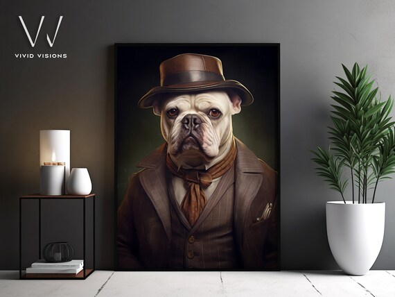 White English Bulldog Fedora Suit Victorian Portrait Art Poster