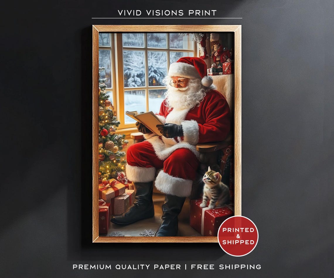 Santa Claus Reading by Christmas Tree with Kitten Warm Holiday Poster