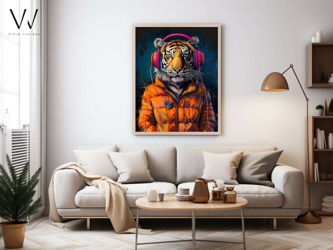 Tiger in Orange Puffer Jacket Pink Headphones Graffiti Pop Poster - Image 4