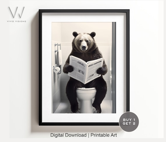 Bear Reading the Morning Newspaper on the Toilet Funny Poster