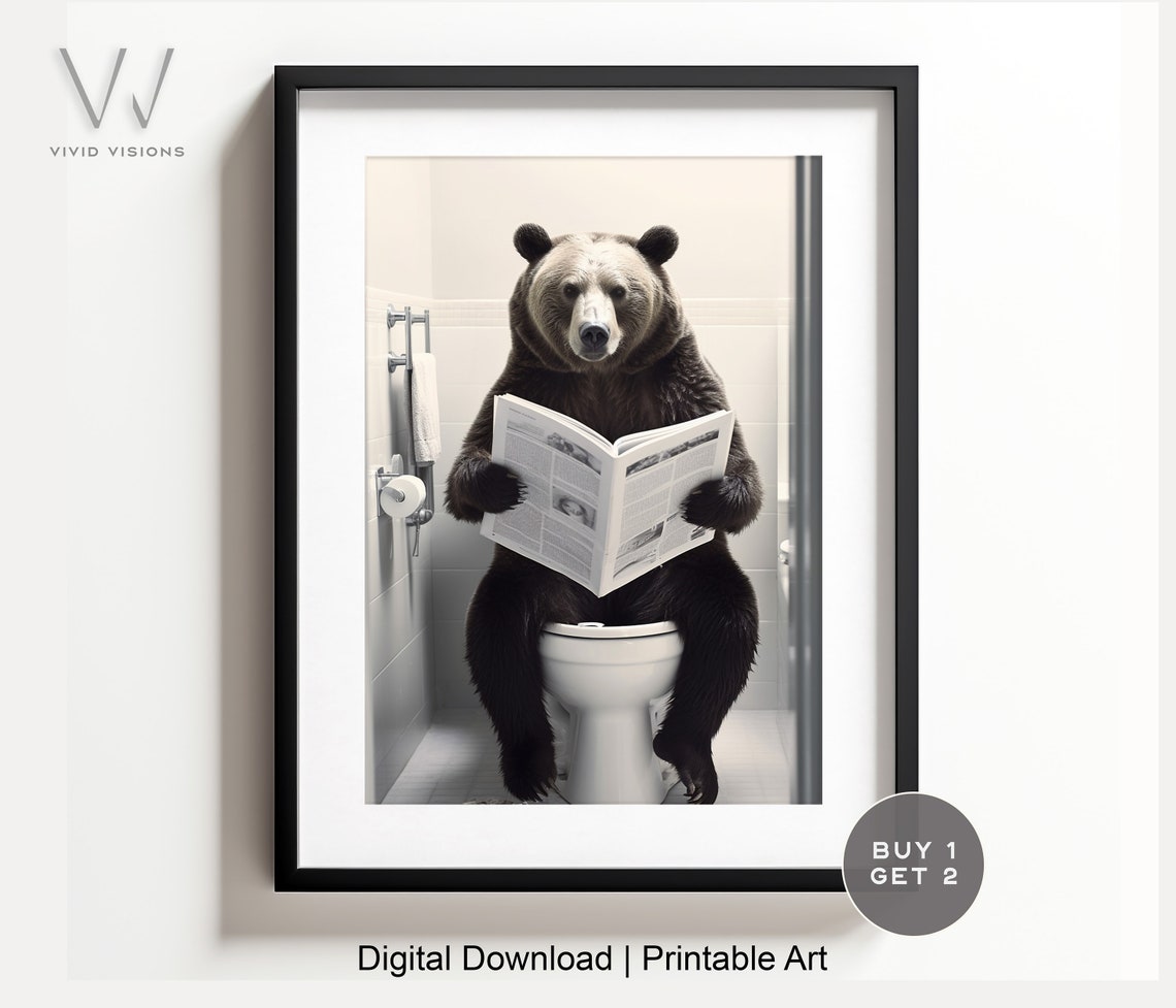 Bear Reading the Morning Newspaper on the Toilet Funny Poster