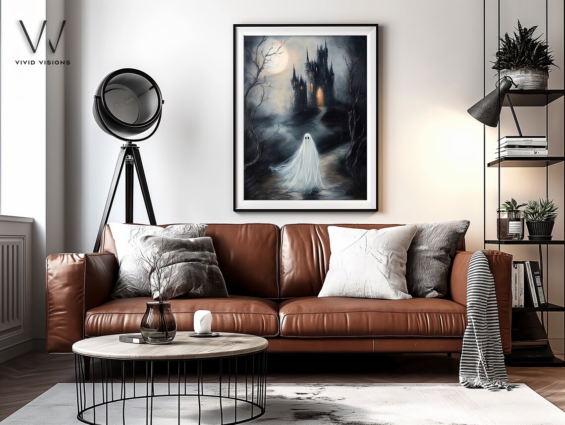 Ghost Before A Haunted Gothic Castle Poster Moonlit Halloween Night Art - Image 3