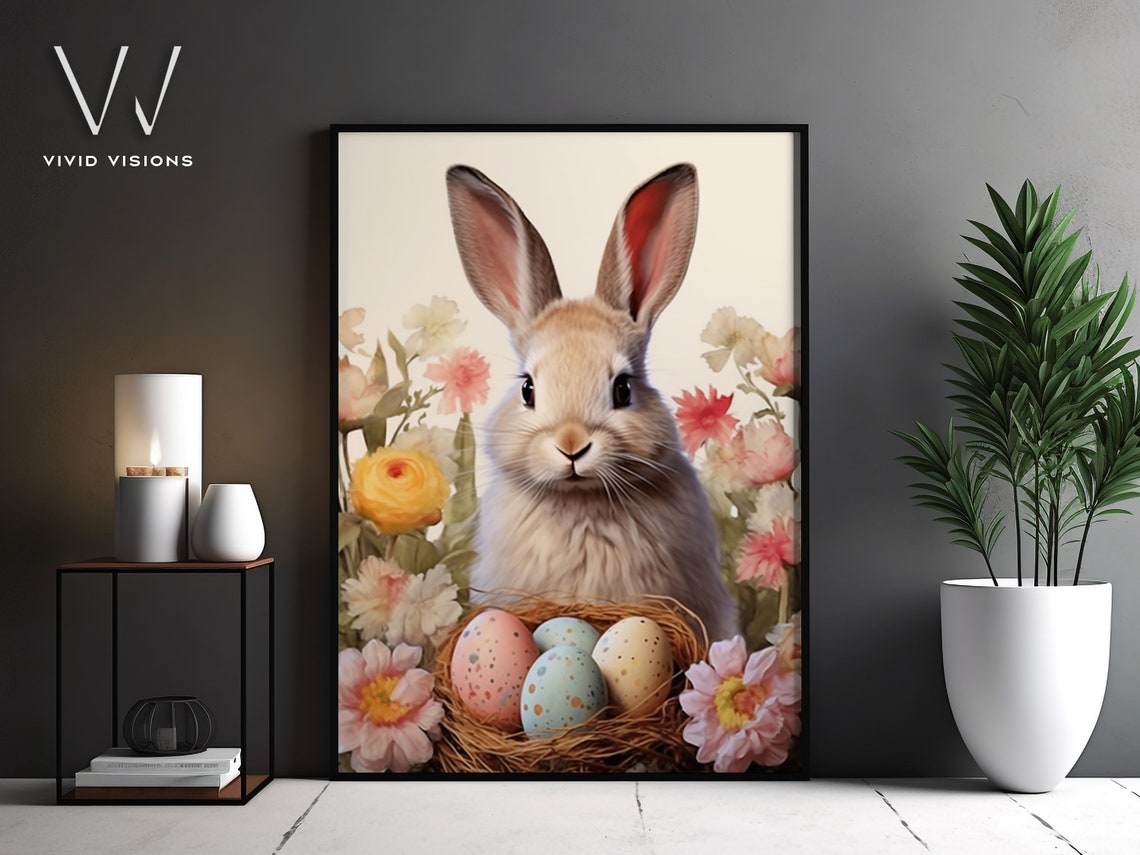 Tan Bunny Speckled Easter Eggs Nest Pastel Floral Spring Poster