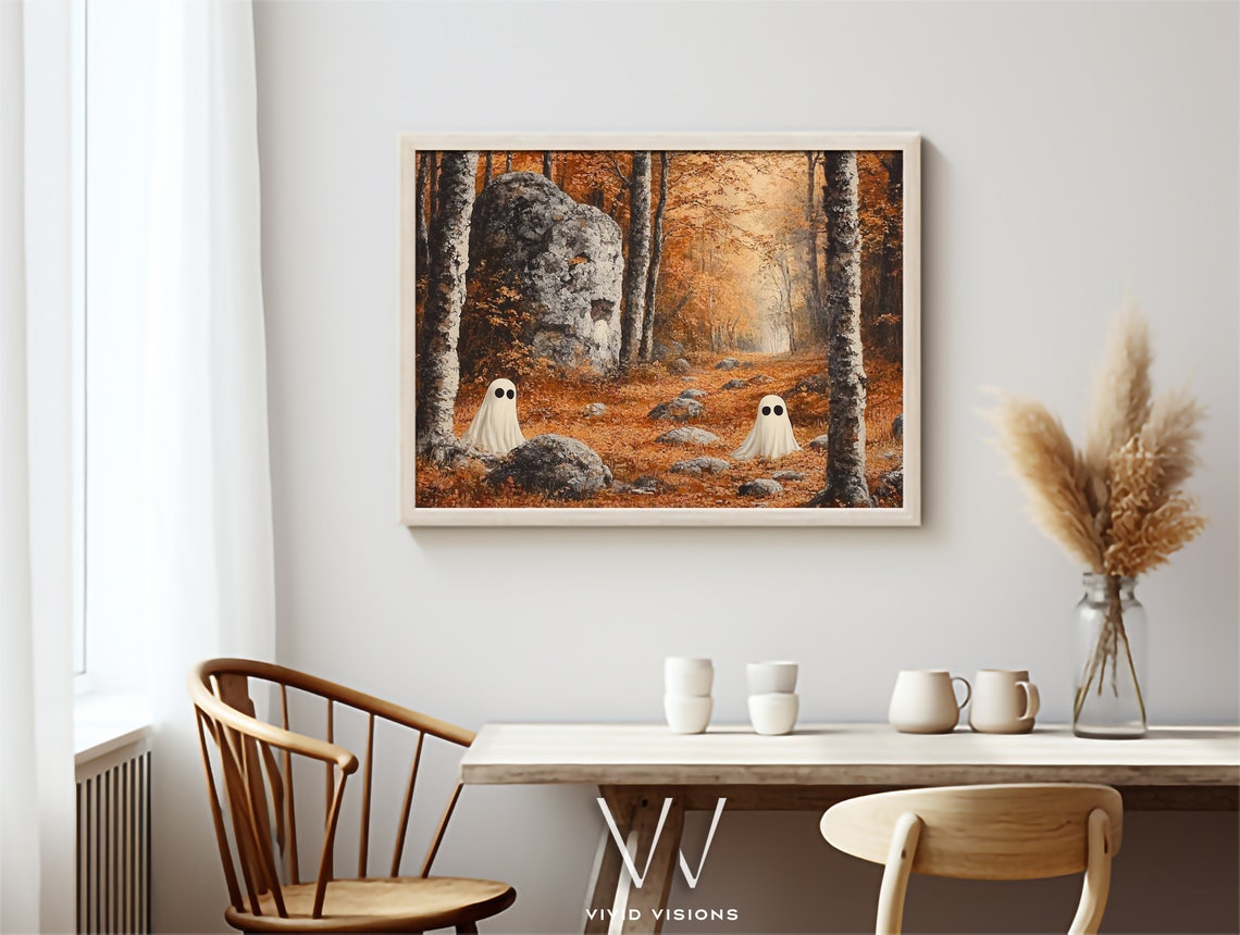 Two Playful Ghosts in Autumn Forest Cute Spooky Fall Halloween Poster - Image 3