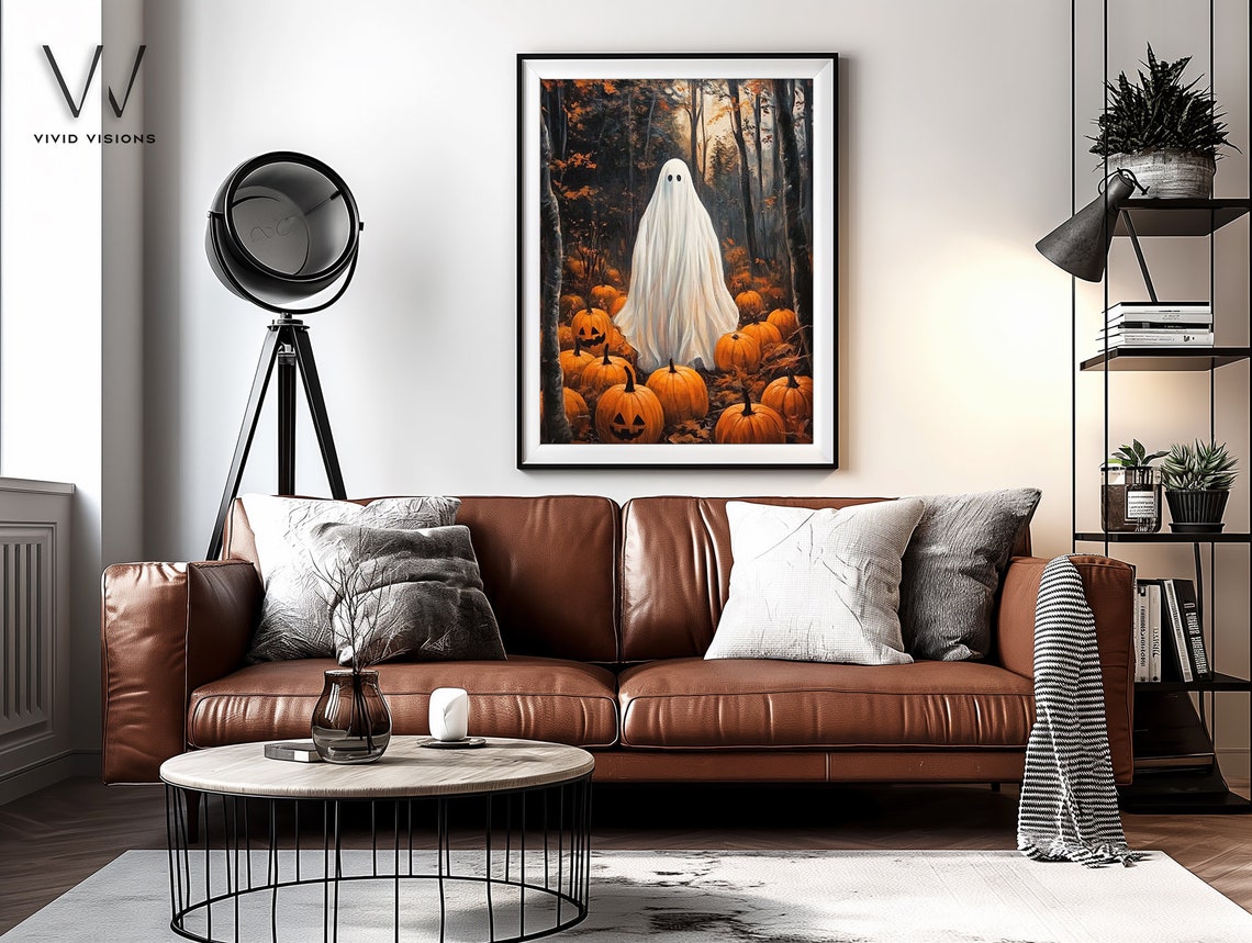 Ghost In A Pumpkin Patch Poster Autumn Forest Halloween Harvest Art - Image 3
