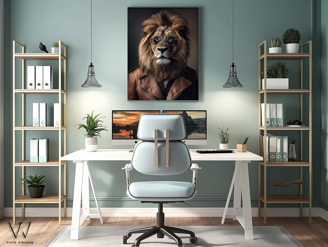Lion in Brown Leather Jacket Aviator Sunglasses Rebel Animal Poster - Image 3