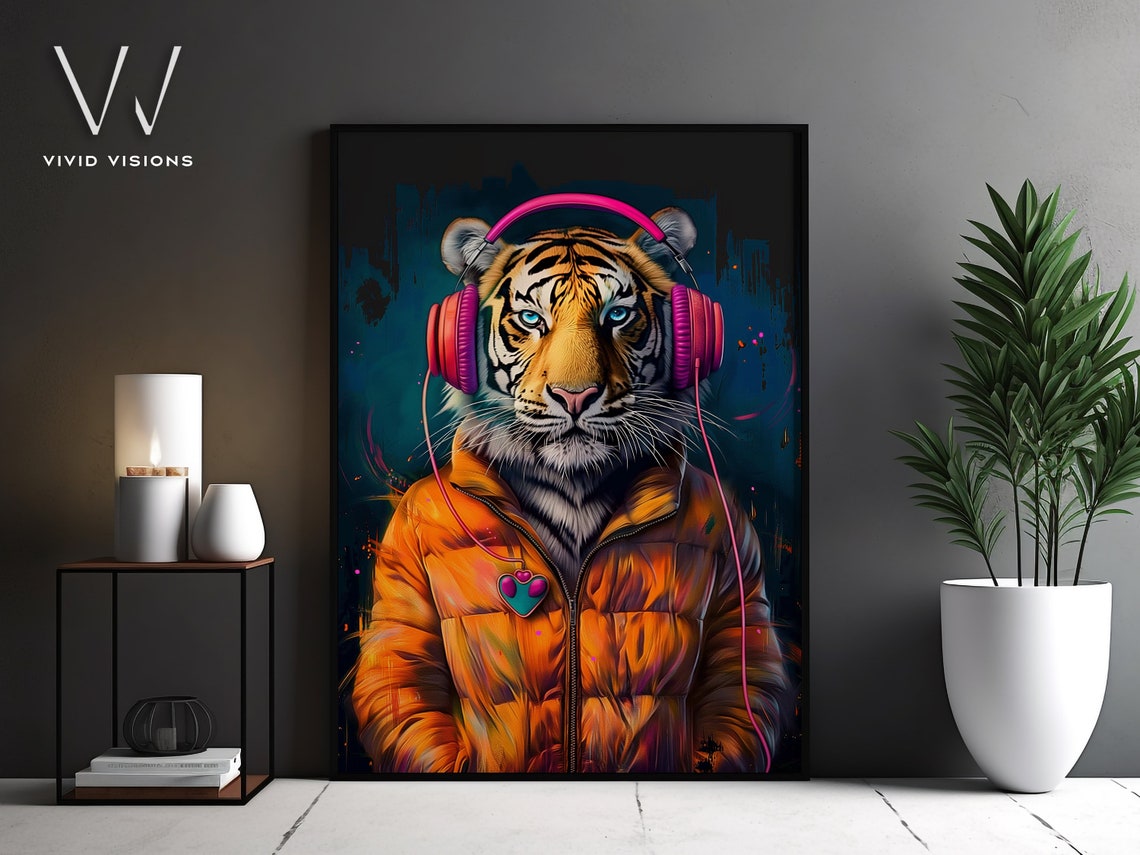 Tiger in Orange Puffer Jacket Pink Headphones Graffiti Pop Poster