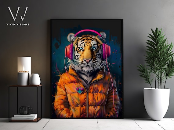 Tiger in Orange Puffer Jacket Pink Headphones Graffiti Pop Poster