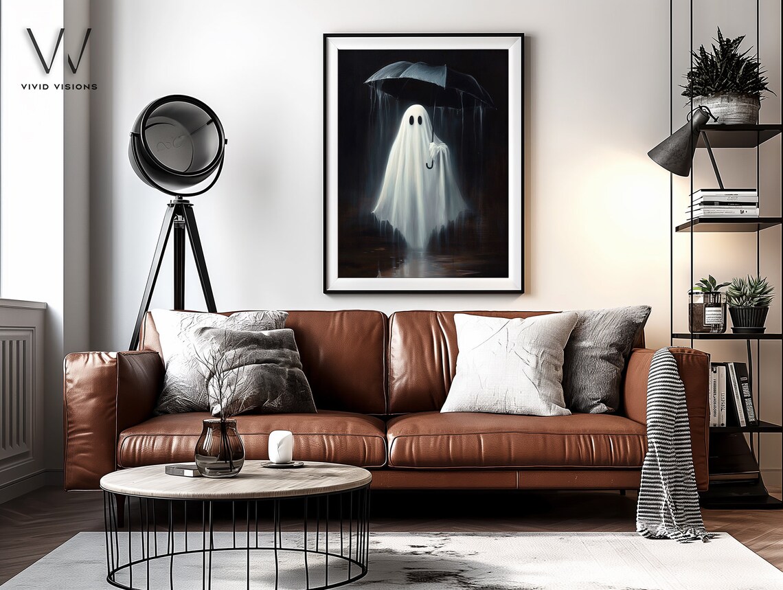 Ghost Holding An Umbrella In The Rain Poster Moody Dark Halloween Art - Image 3