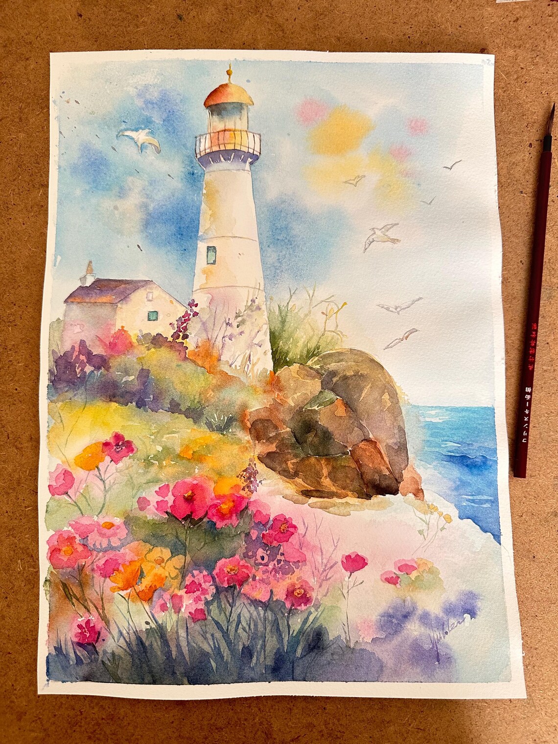 White Lighthouse on a Rocky Wildflower Coast Watercolor Poster - Image 7