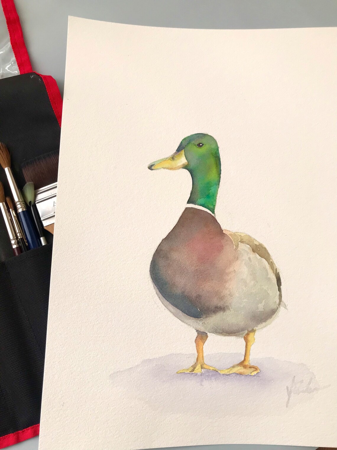 Elegant Mallard Drake in Profile Watercolor Bird Portrait Poster - Image 2