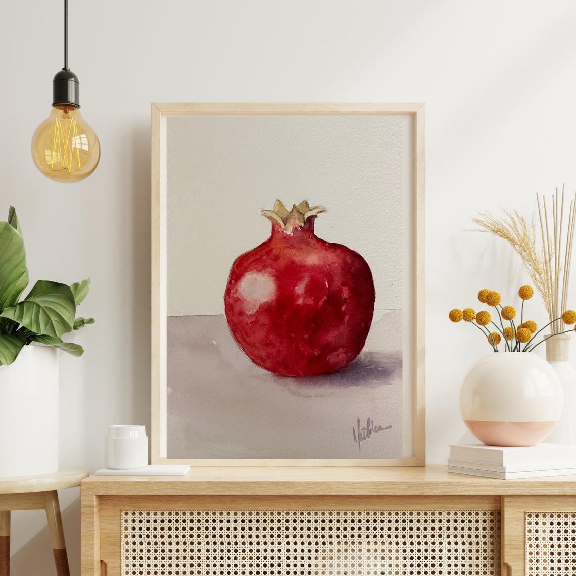Single Red Pomegranate Fruit Minimalist Watercolor Still Life Poster - Image 6
