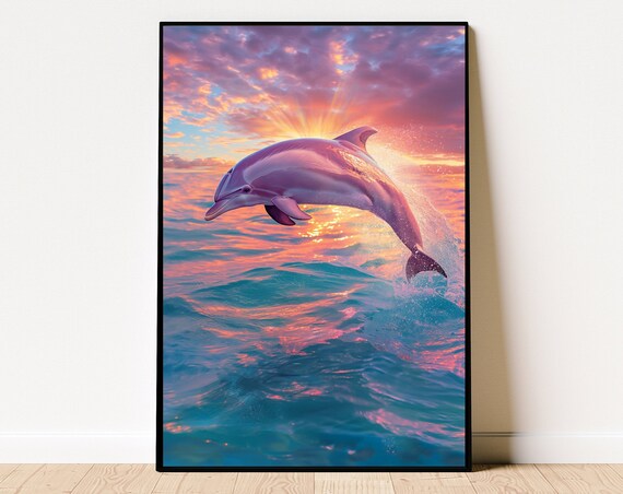 Dolphin Sunset Poster Oil Painting Dolphin Wall Art Dolphin Wall Art Aesthetic Art Bathroom Bathroom Decor