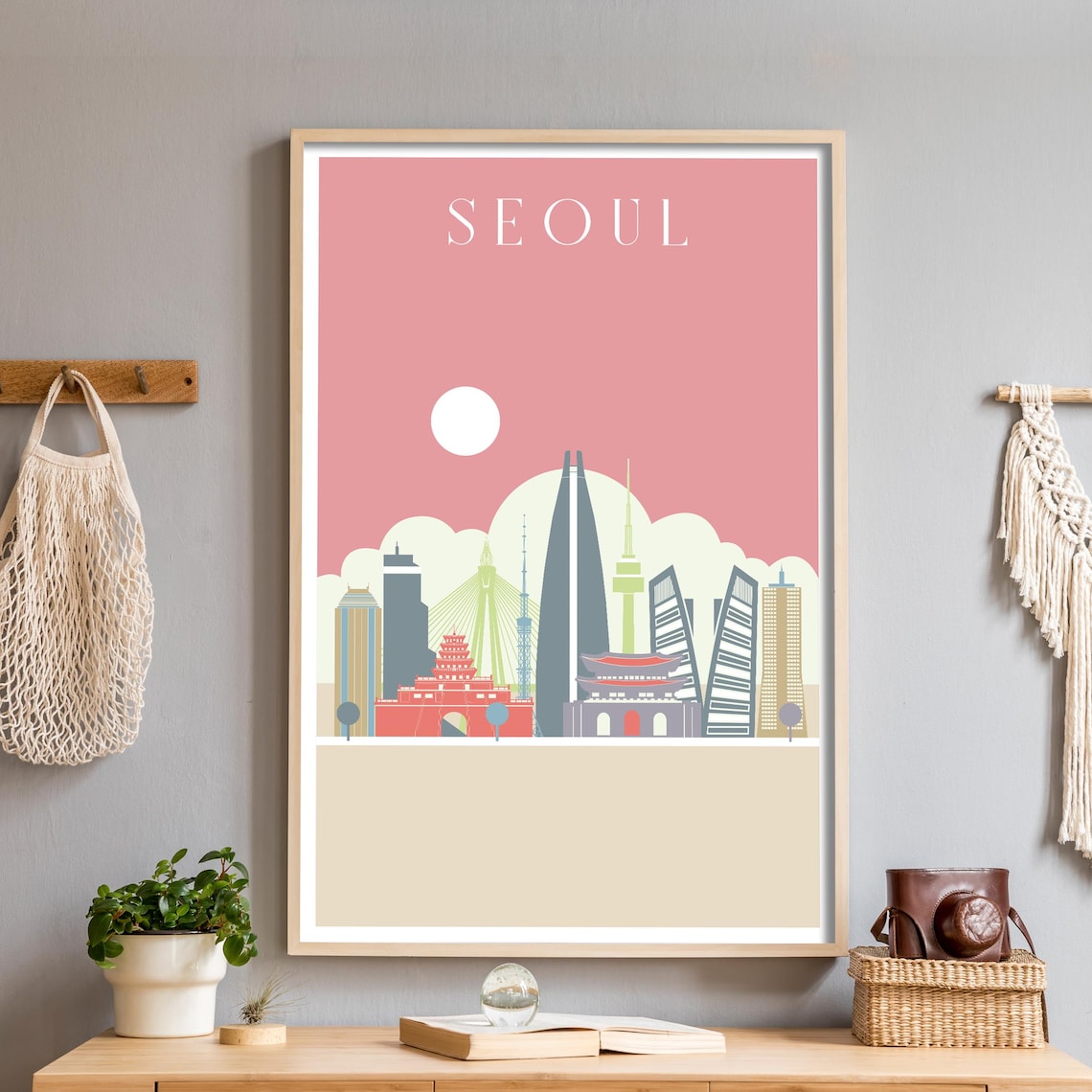 Seoul South Korea Colorful Illustrated Landmarks Skyline Poster
