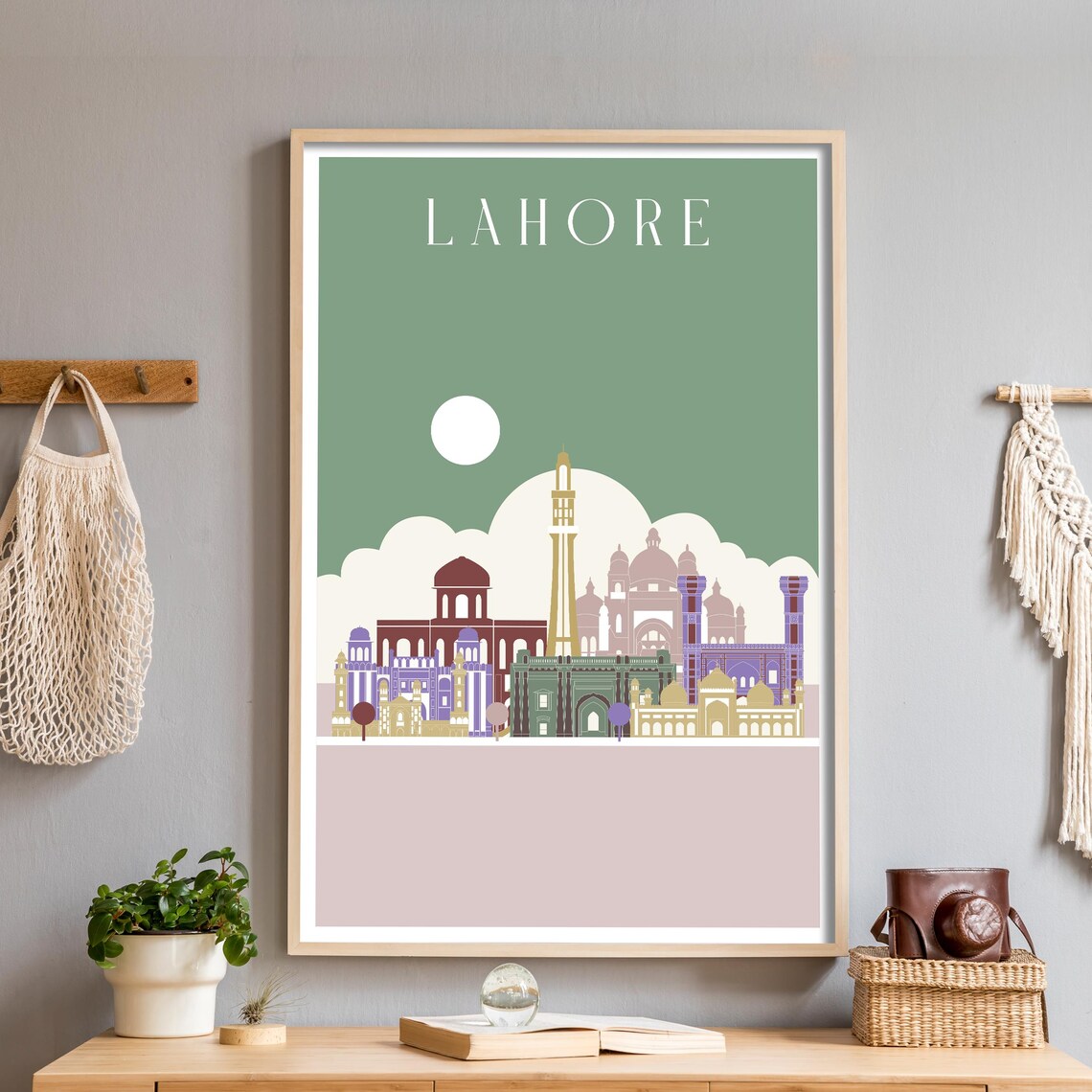 Lahore Pakistan Skyline Illustrated Landmarks Sage Green Poster