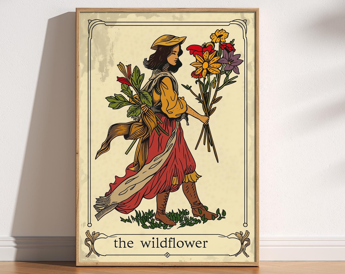 The Wildflower Tarot Card Vintage Folk Style Botanical Poster