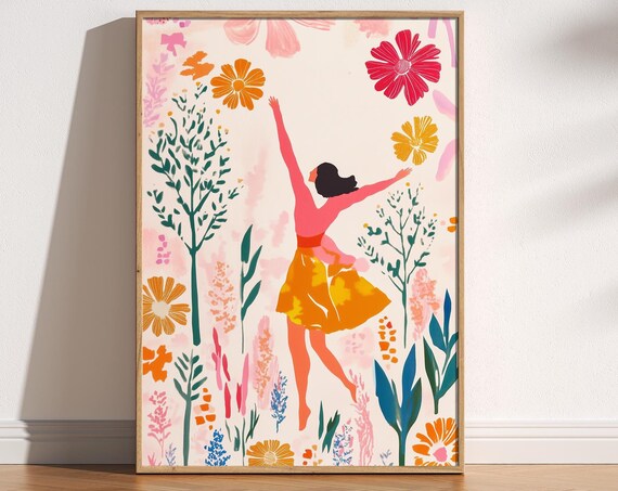Abstract Art Print Of Dancing Woman With Flowers Pink Peach Red Fauvism Painting Matisse Style Delicate Florals Blooms Female Figure