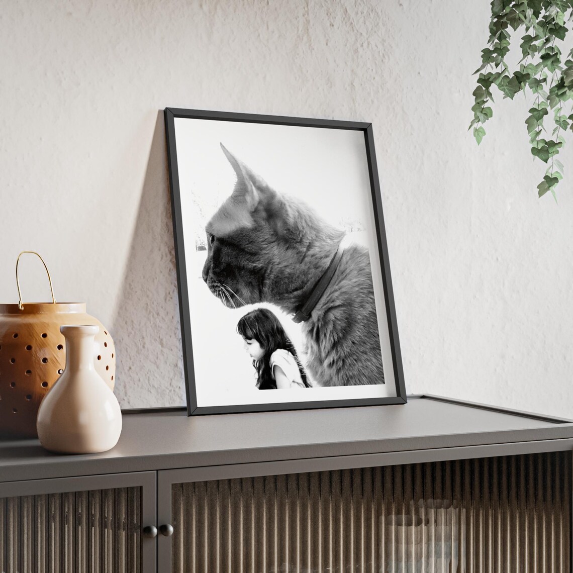 Giant Cat Profile and Little Girl Surreal Collage Wall Poster - Image 4