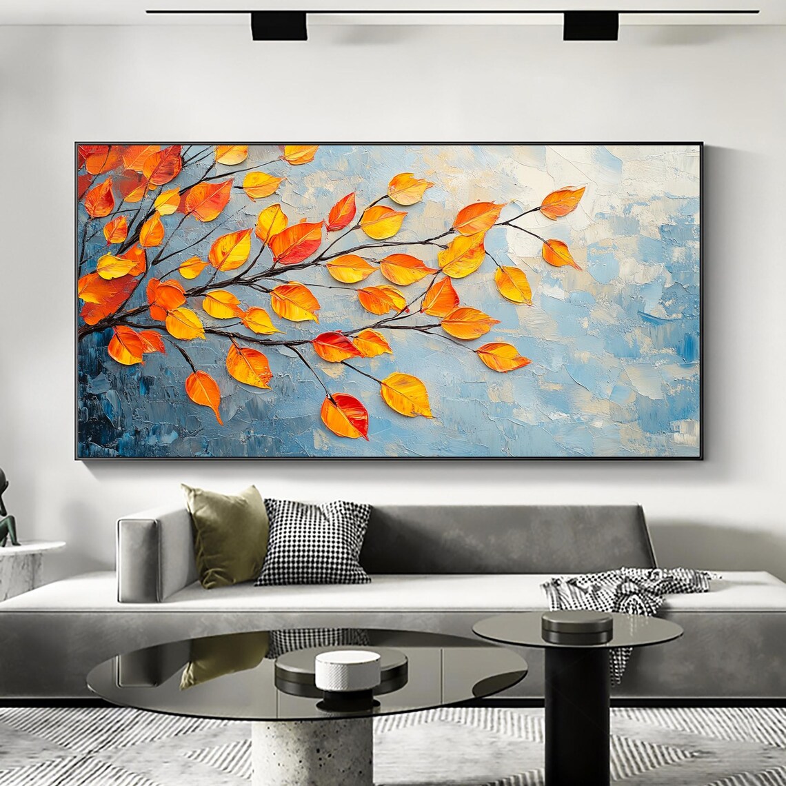 Autumn Orange Leaves on Dark Branch Against Blue Textured Wall Art - Image 5