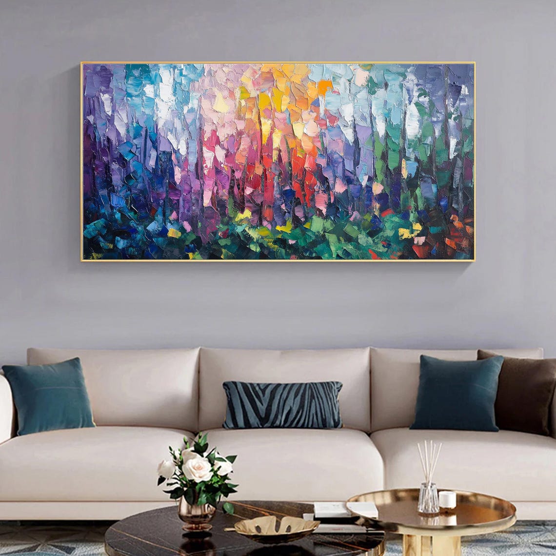 Multicolor Abstract Forest of Rainbow Trees Impasto Landscape Wall Art - Image 5