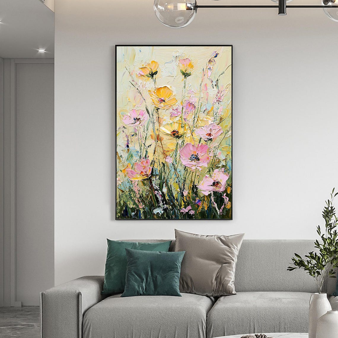 Yellow Pink Wildflowers Blooming on Pale Impasto Floral Wall Art - Image 2