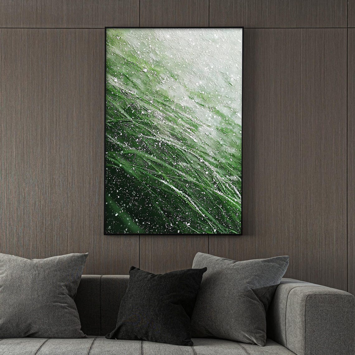 Green Grass Blades Bending Under Falling Snow Winter Nature Wall Art - Image 2