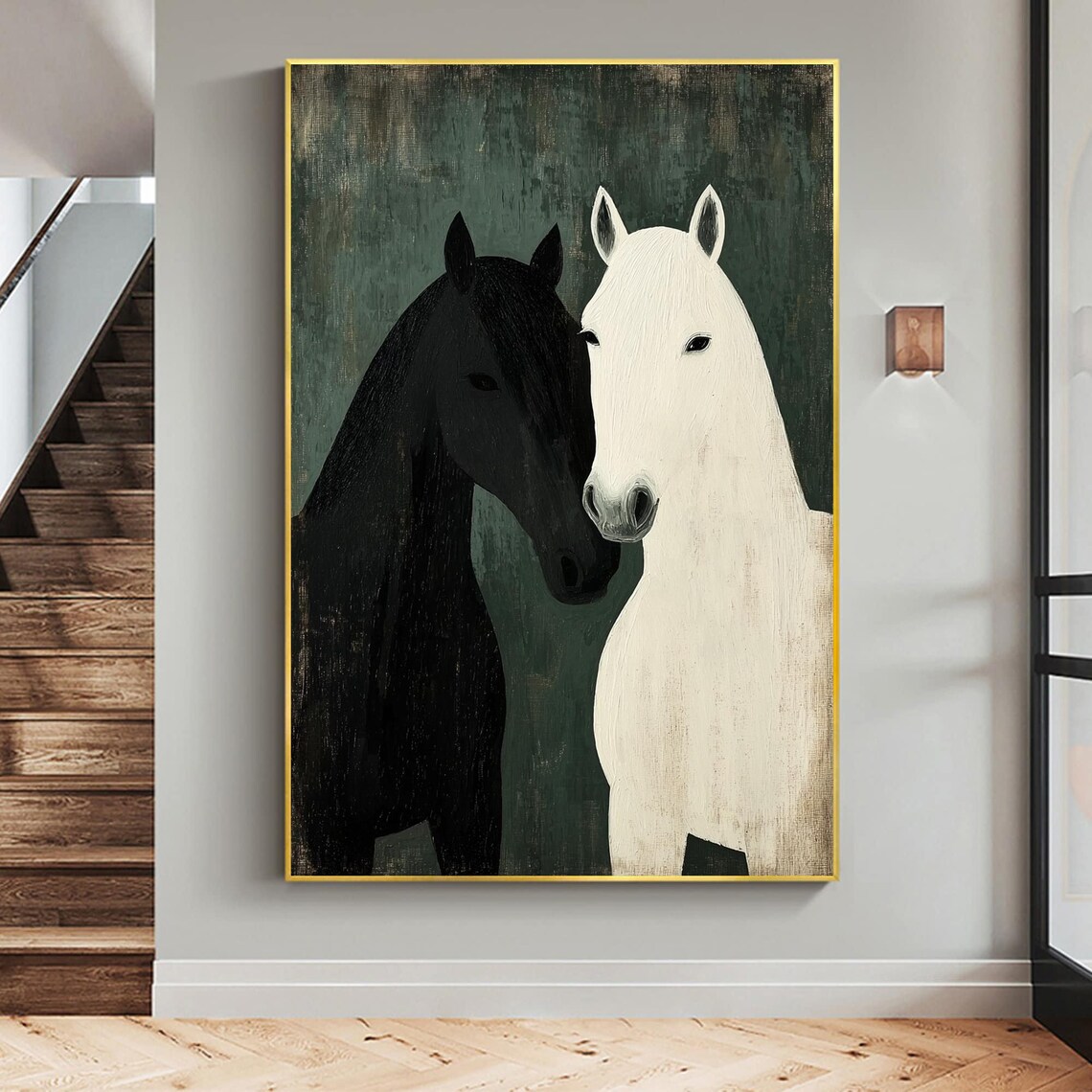 Black and White Horses Minimalist Animal Oil Painting Poster - Image 3
