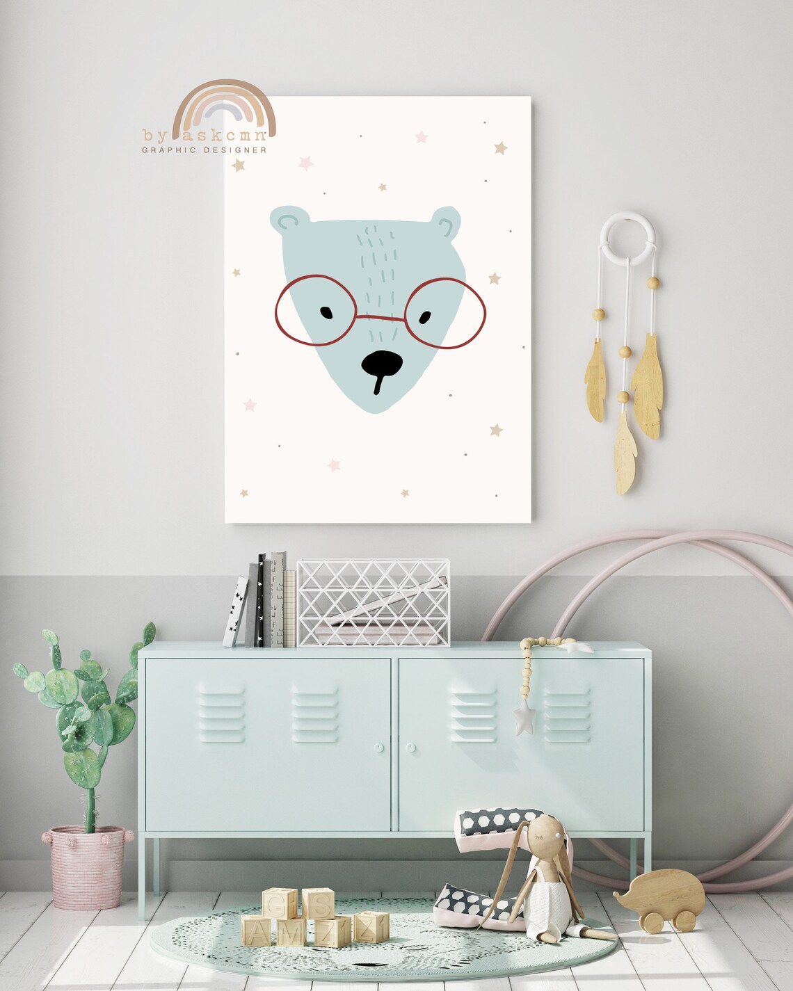 Mint Bear Red Round Glasses Cute Nursery Animal Wall Decor Poster - Image 4