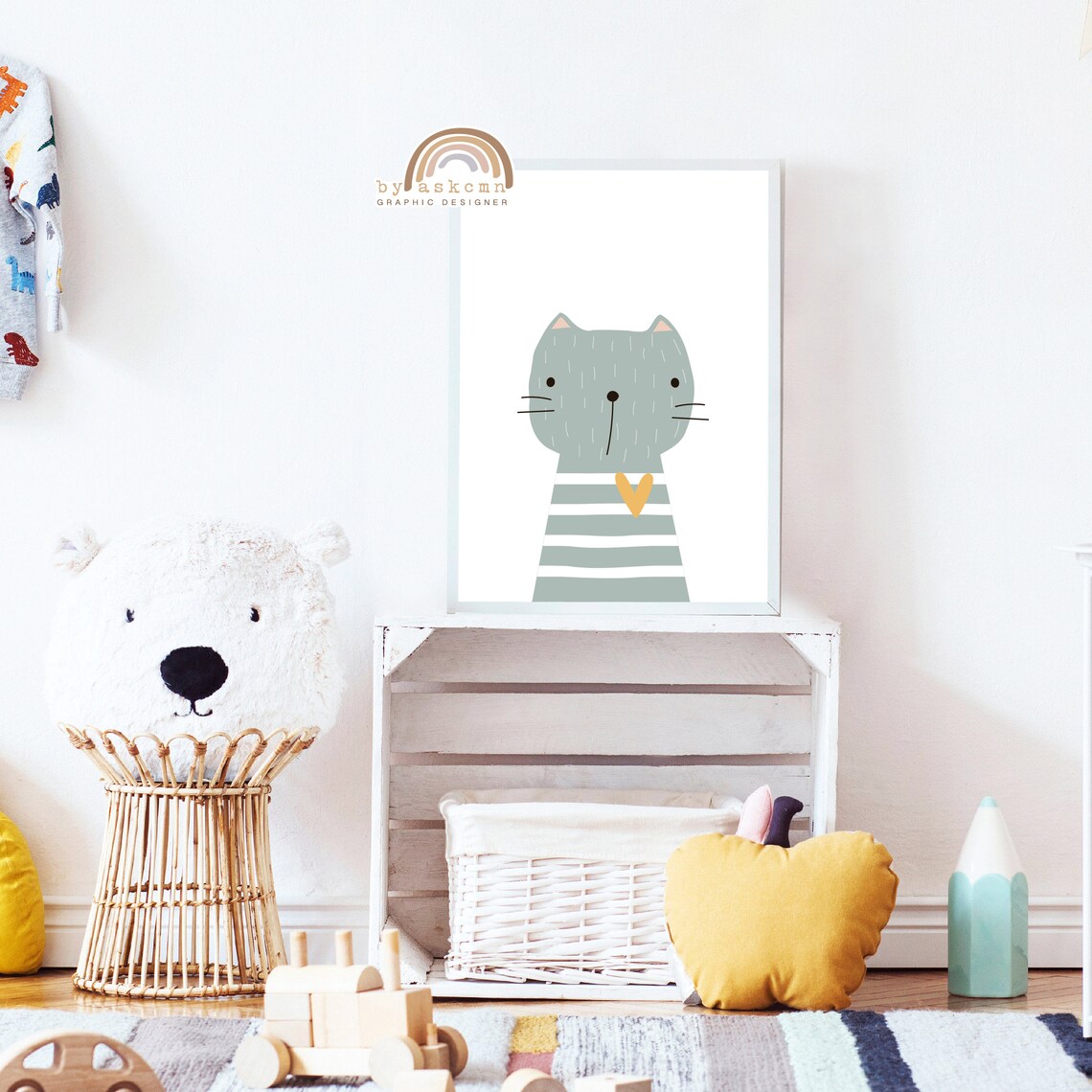 Cute Gray Cat With Striped Sweater And Heart Nursery Decor Poster - Image 4