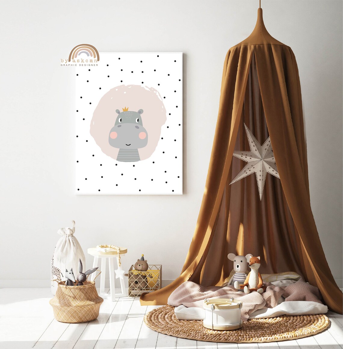 Baby Hippo Nursery Little Crown Polka Dot Safari Kids Room Poster - Image 2