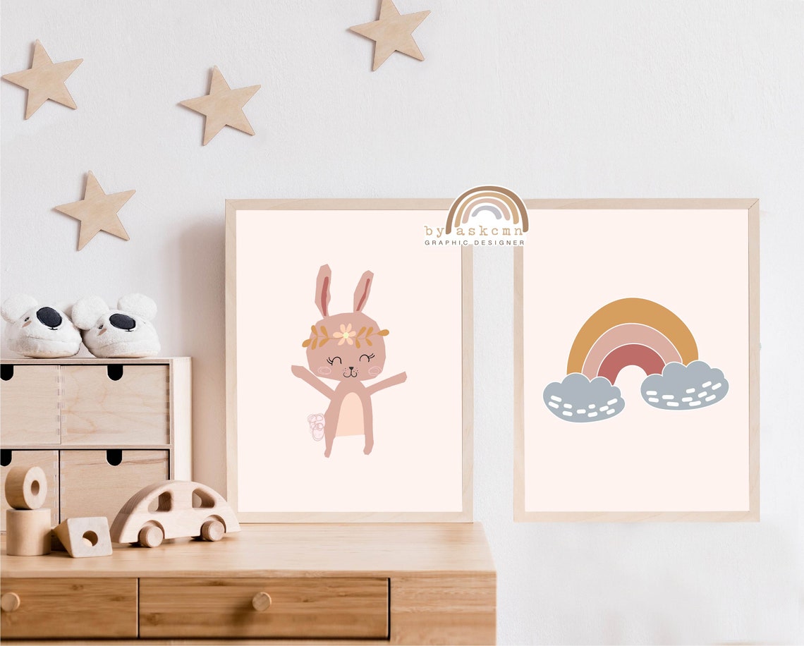Bunny Print Nursery Baby Room Poster Nursery Wall Art Boho Rainbow Wall Art Boho Nursery Kids Room Poster Girls Bedroom Decor - Image 3