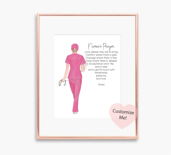 Nurse's Prayer Watercolor Poster Nurse in Pink Scrubs with Scrub Cap Art