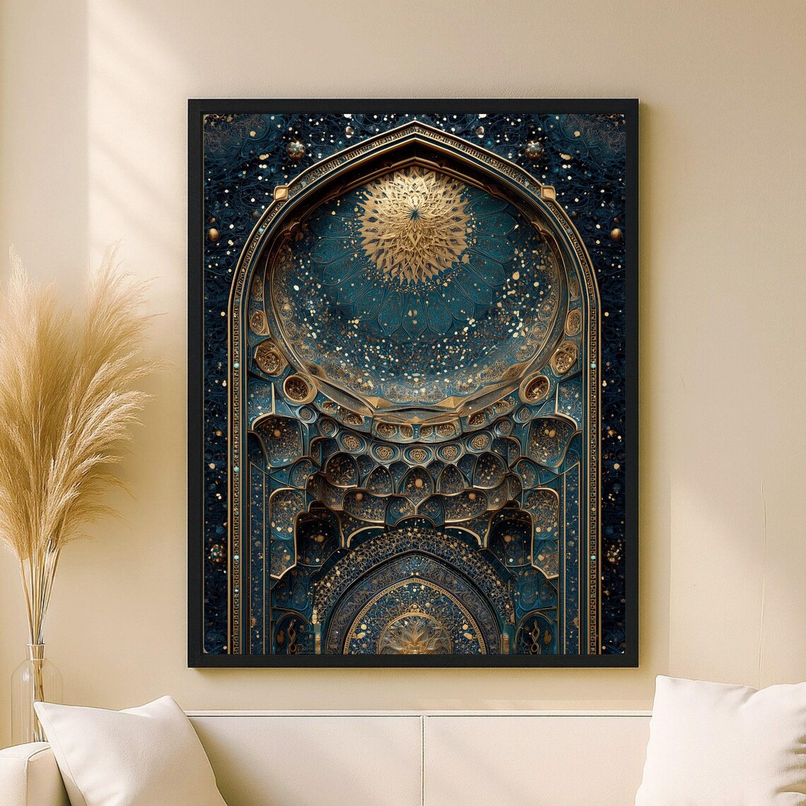 Blue Gold Tezhip Mihrab Art Print, Islamic Decor