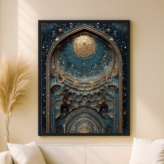 Blue Gold Tezhip Mihrab Art Print, Islamic Decor
