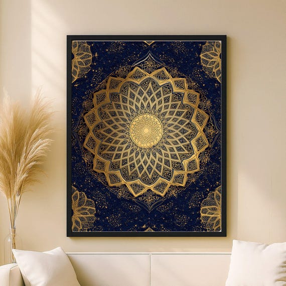 Golden Tezhip Rosette Wall Art Islamic Geometric Mandala On Midnight Blue