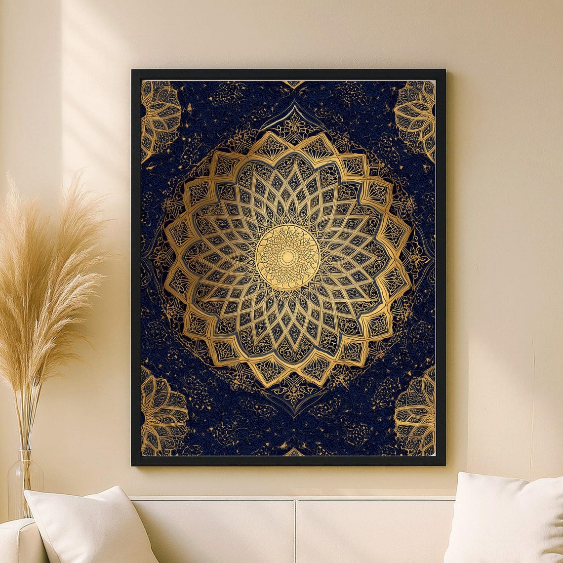 Golden Tezhip Rosette Wall Art Islamic Geometric Mandala On Midnight Blue