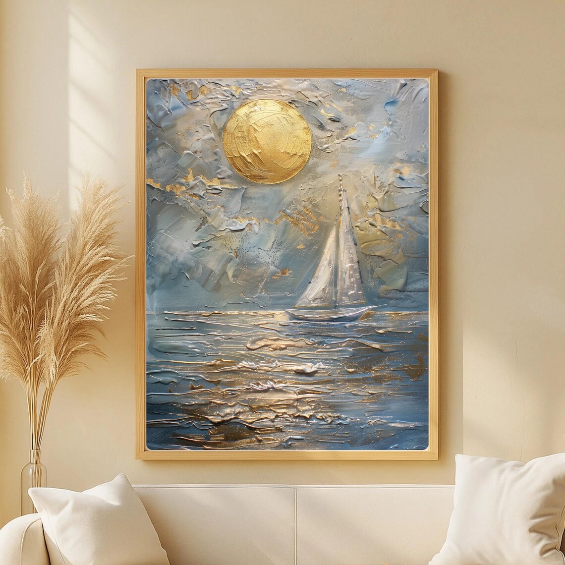 Golden Moon Sailing Art Print, Japandi Style