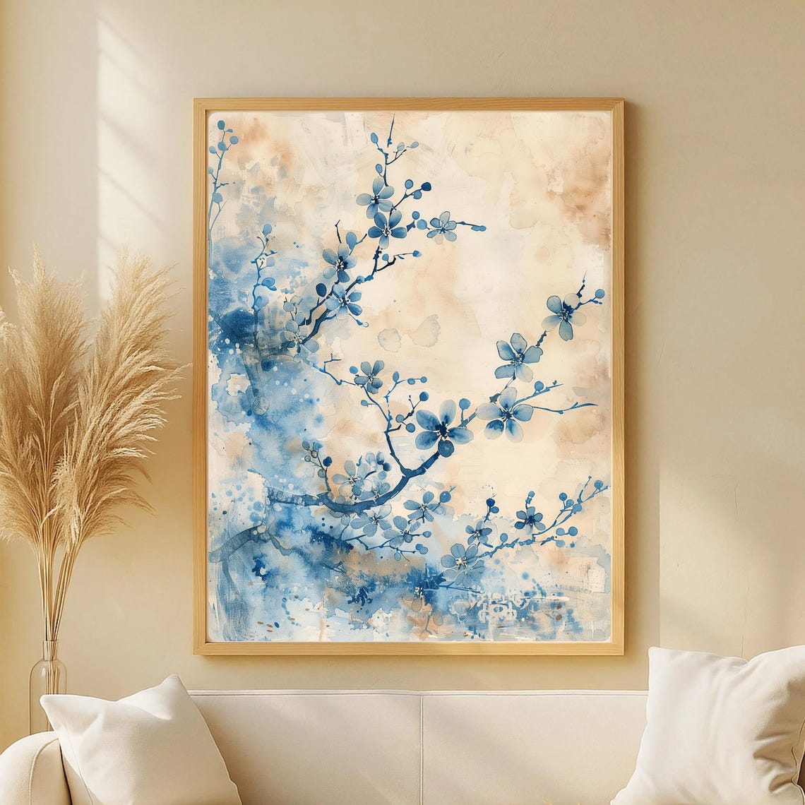 Blue Cherry Blossom Branches Watercolor Minimal Zen Wall Art