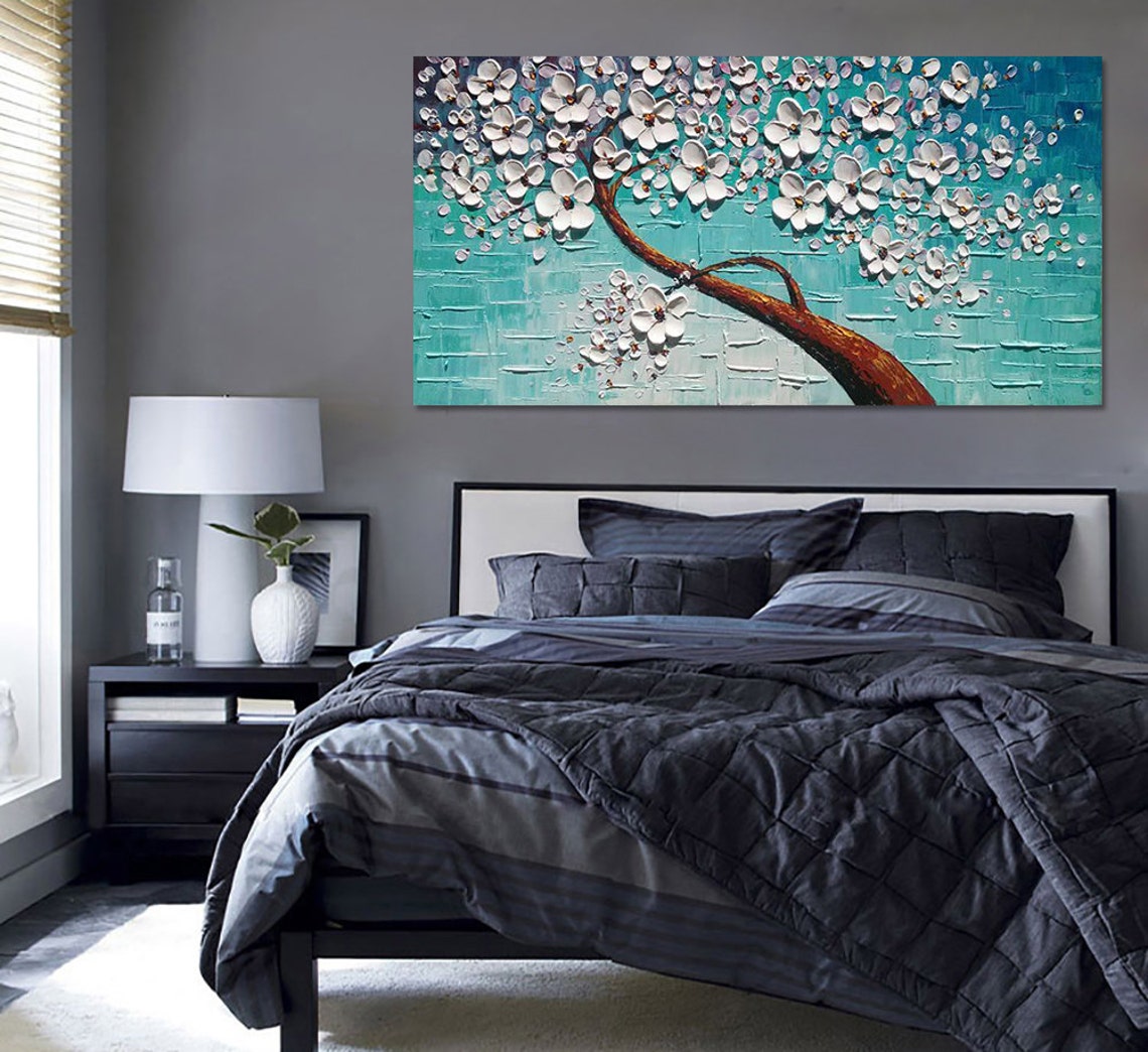 White Blossom Branch On Turquoise Blue Textured Oil Paint Poster - Image 2